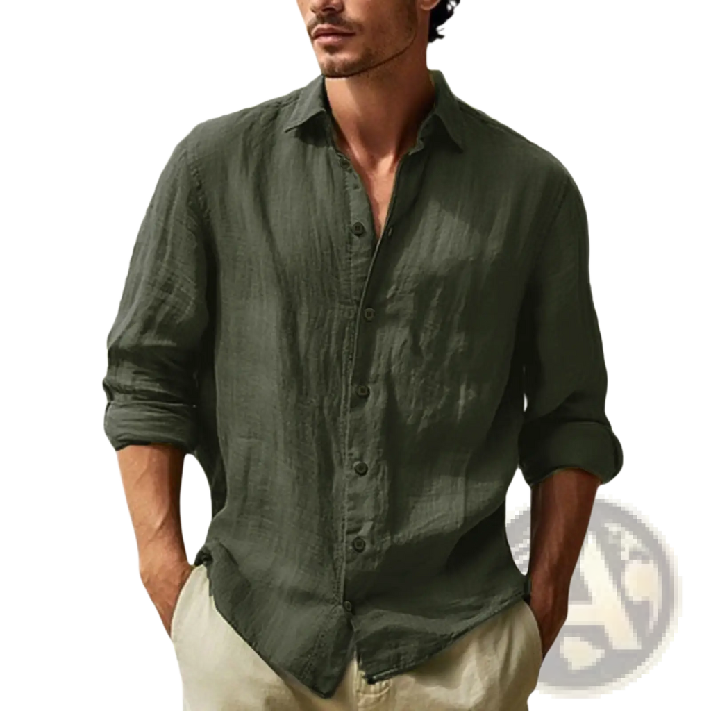 Men’s relaxed fit olive green linen button-down shirt with rolled sleeves made of cotton linen blend