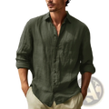 Men’s relaxed fit olive green linen button-down shirt with rolled sleeves made of cotton linen blend