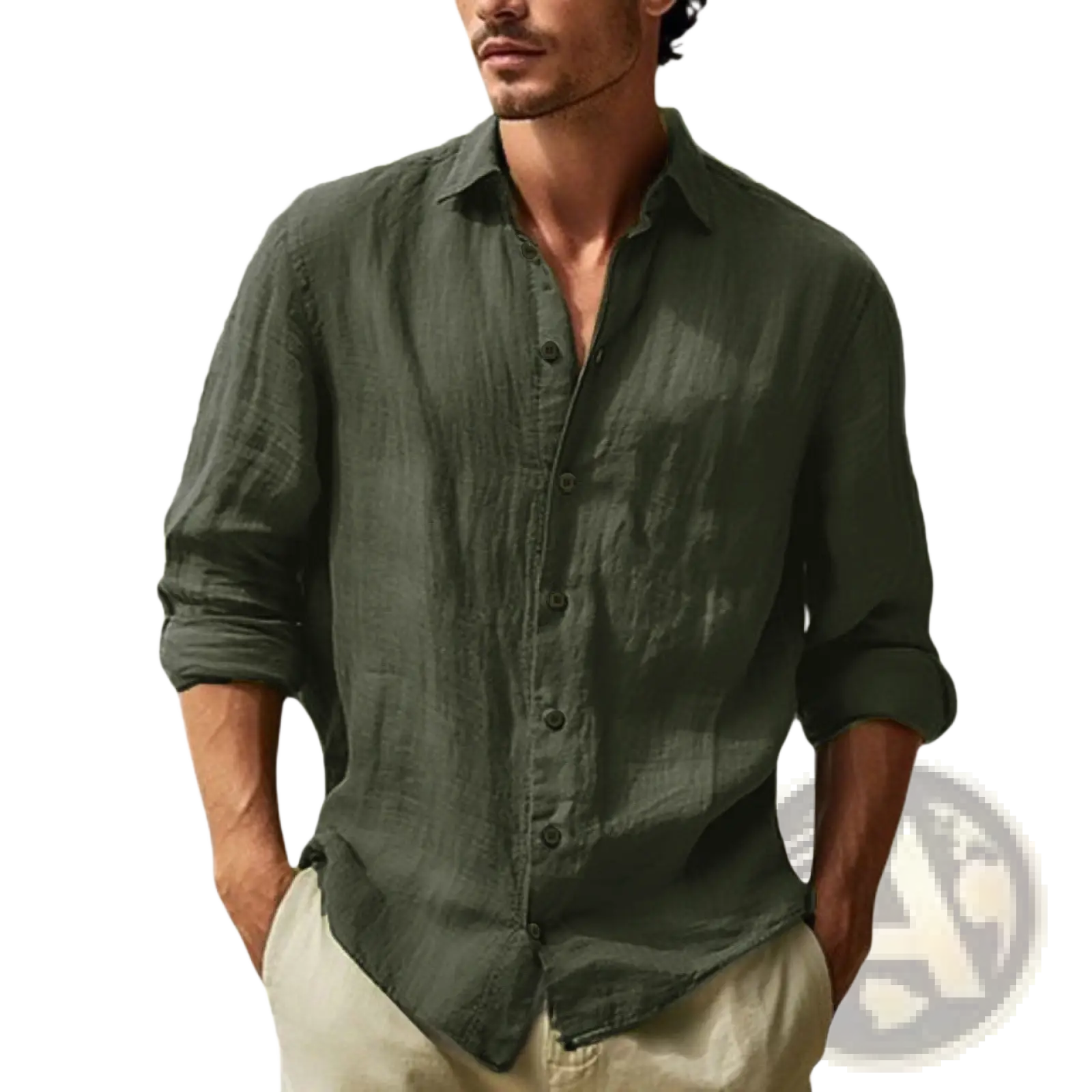 Men’s relaxed fit olive green linen button-down shirt with rolled sleeves made of cotton linen blend