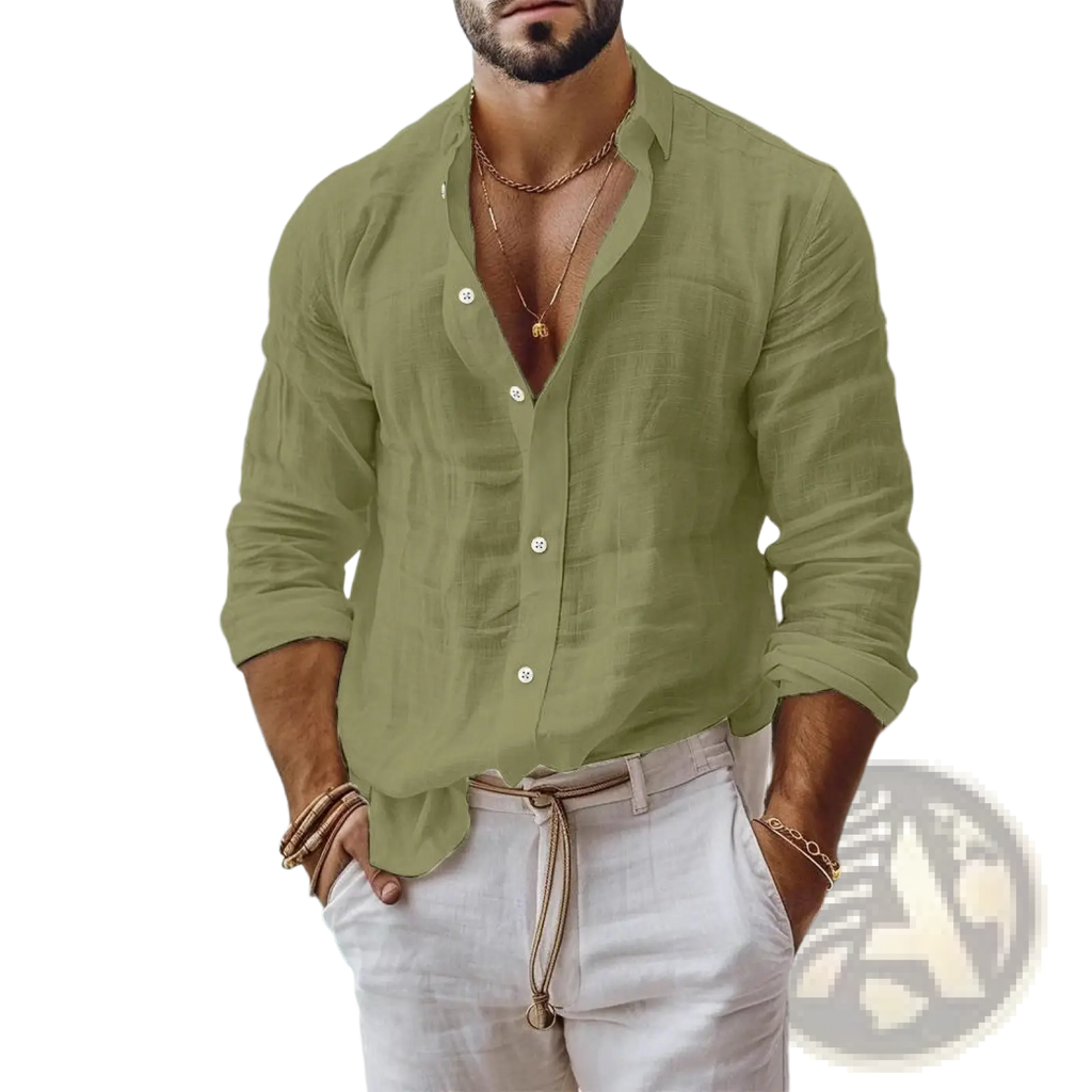 Men’s relaxed fit olive green cotton linen button-down shirt with white buttons and rolled-up long sleeves