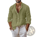 Men’s relaxed fit olive green cotton linen button-down shirt with white buttons and rolled-up long sleeves
