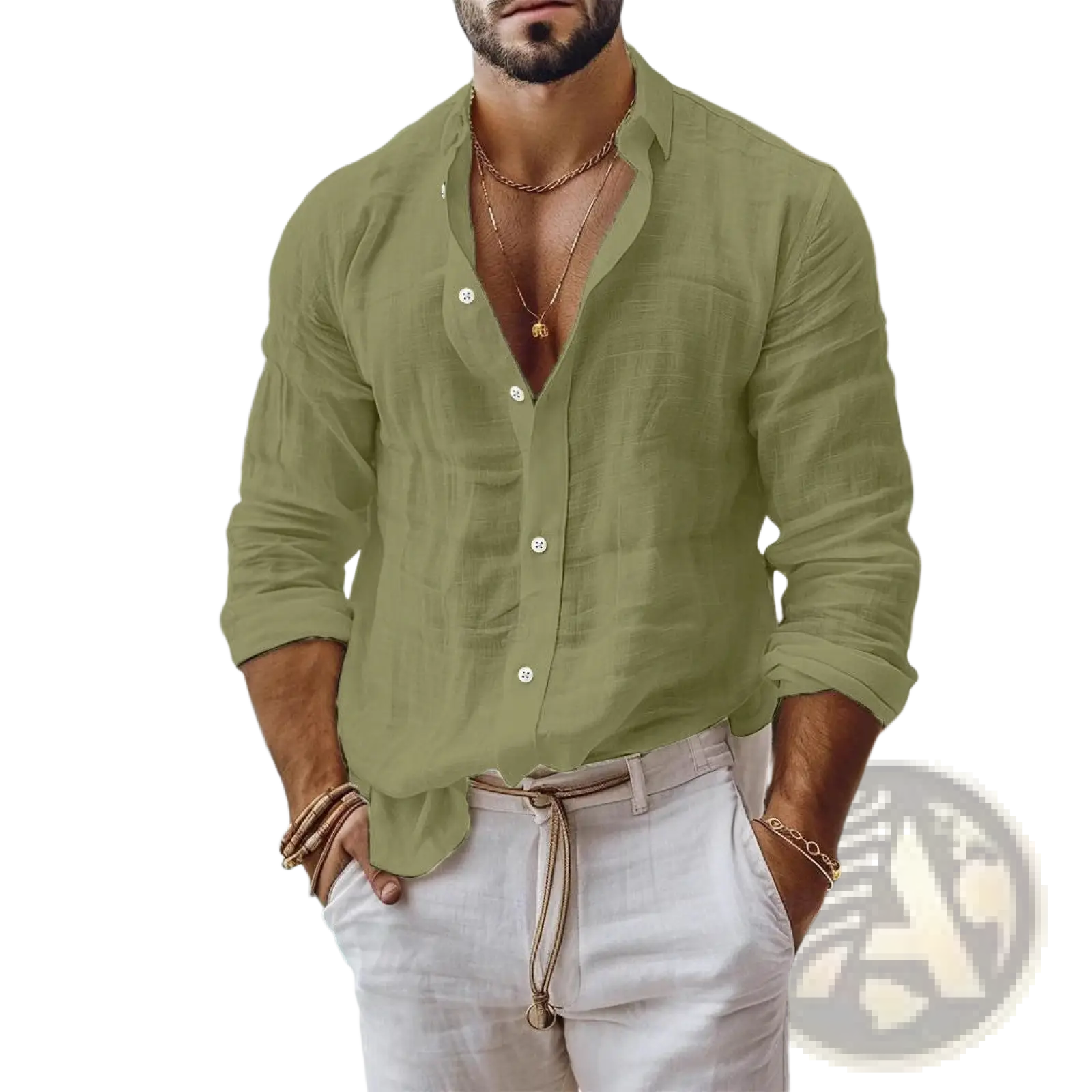 Men’s relaxed fit olive green cotton linen button-down shirt with white buttons and rolled-up long sleeves