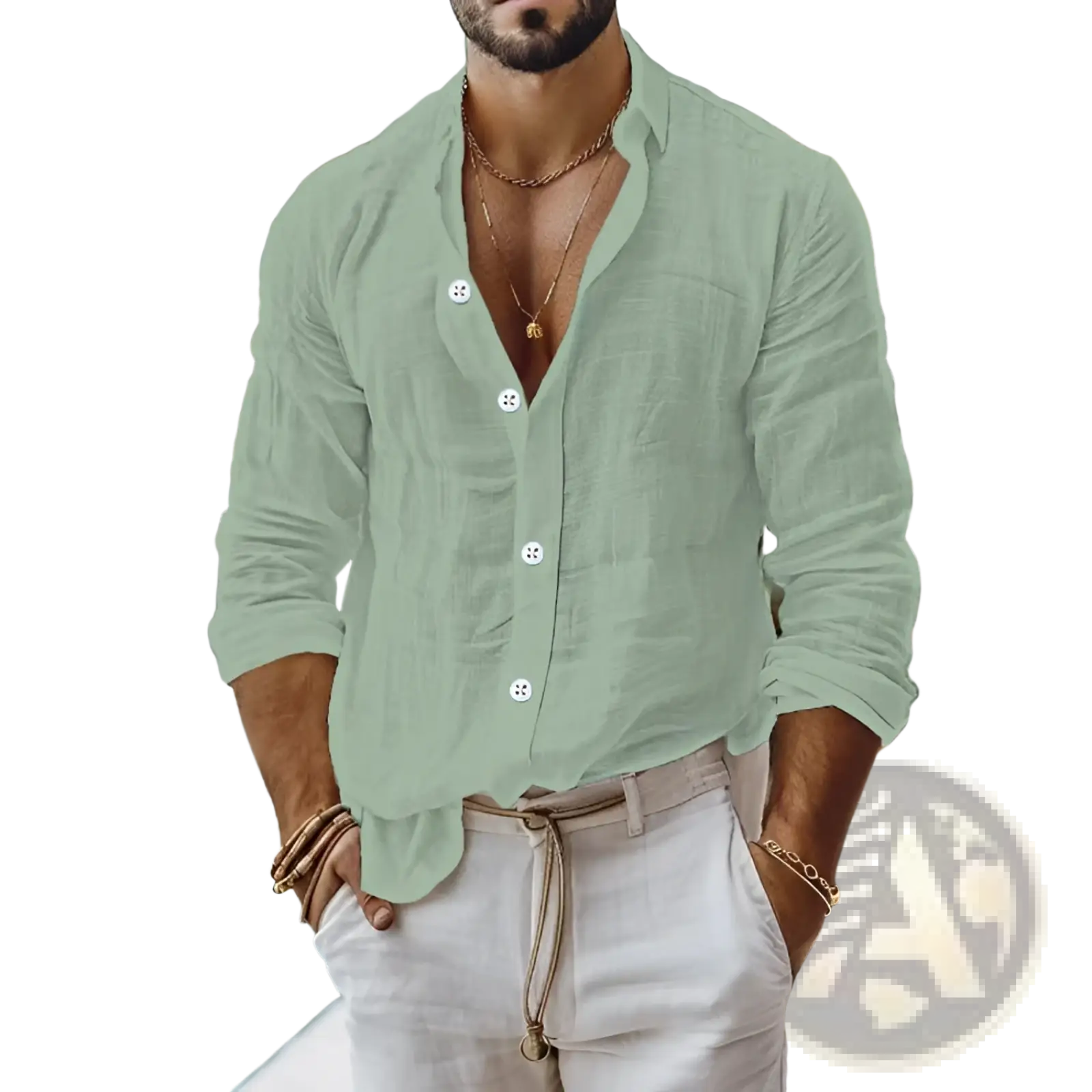 Men’s relaxed fit cotton linen long sleeve shirt in light green with white buttons and rolled-up sleeves