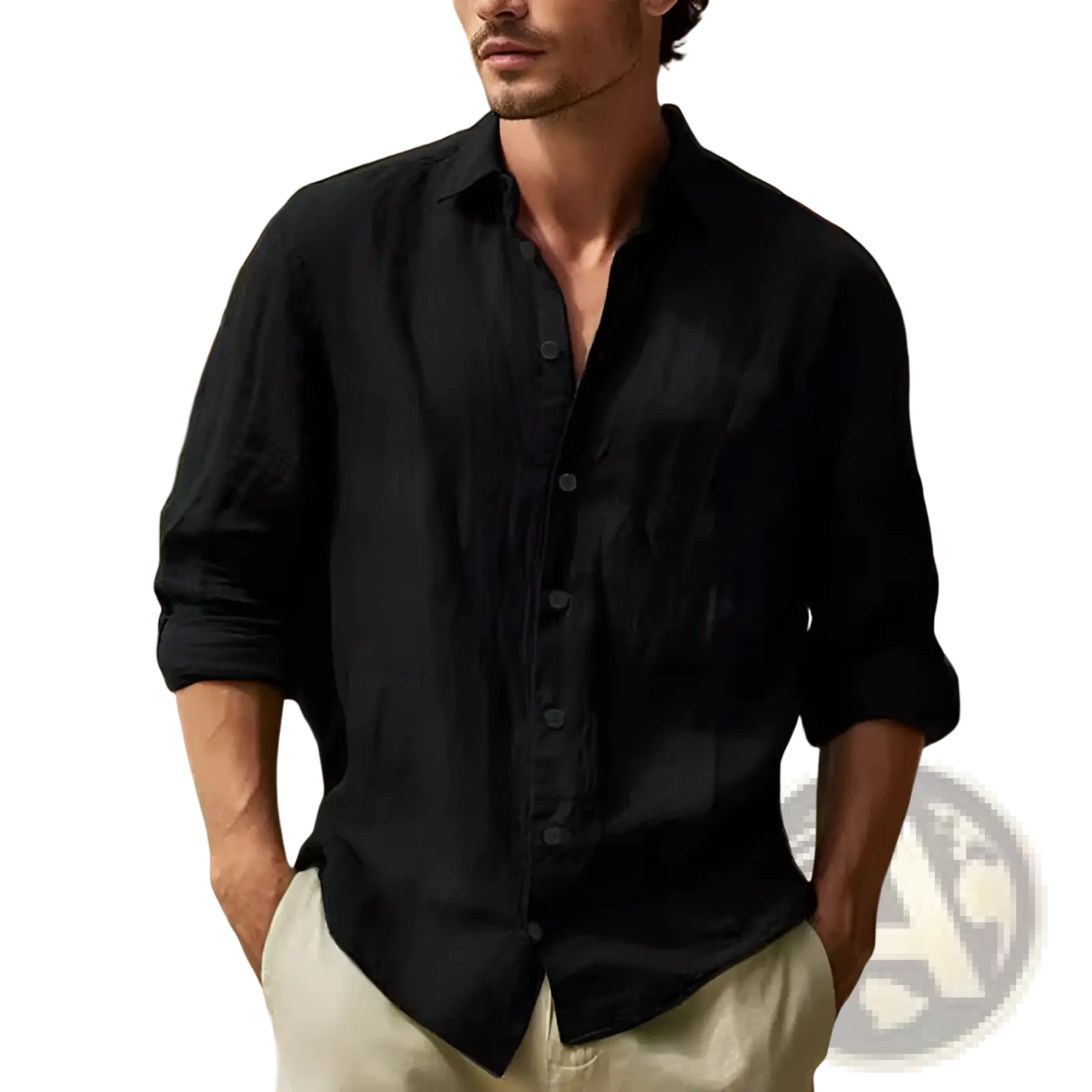 Men’s relaxed fit black cotton linen button-down shirt with long sleeves rolled for a casual look