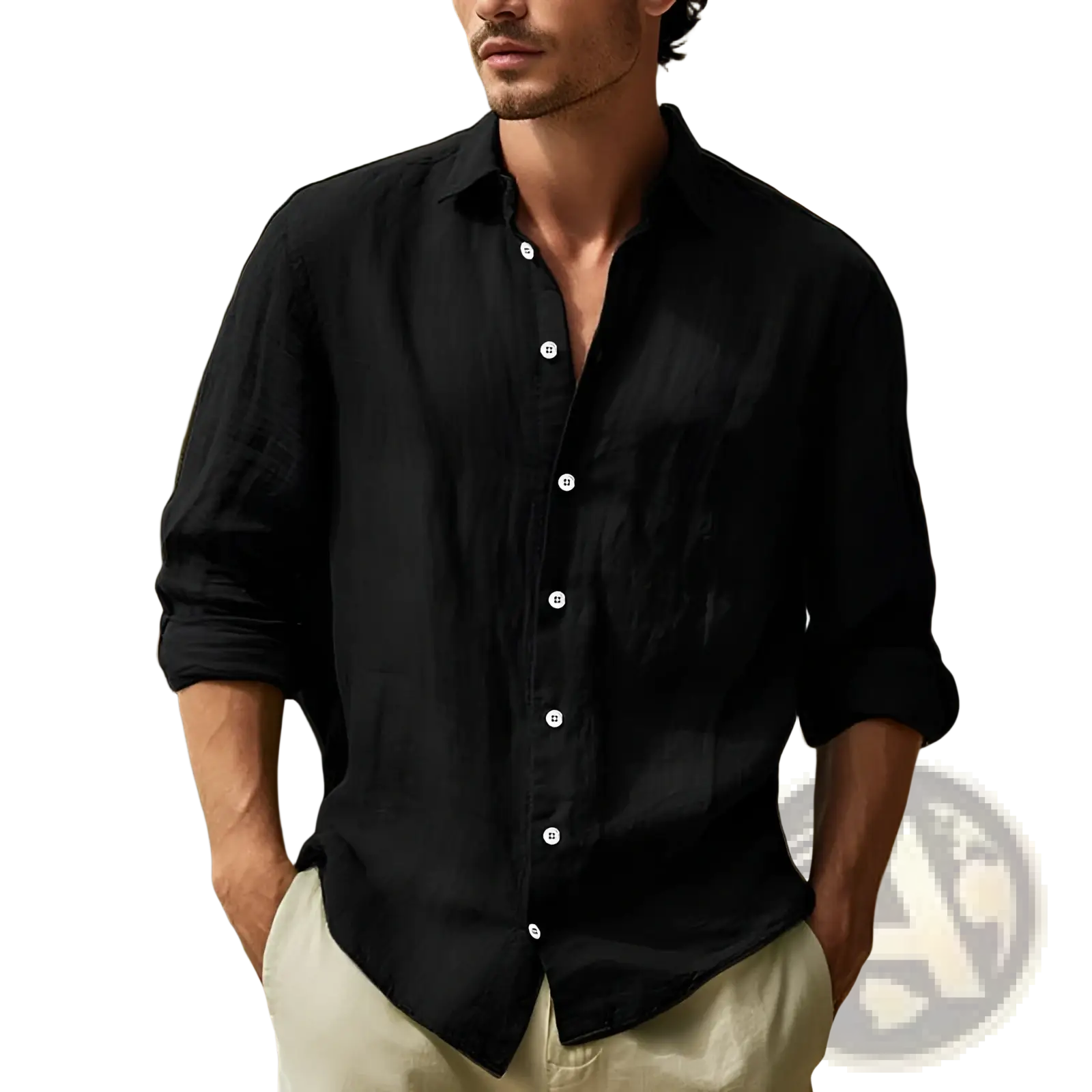 Men’s relaxed fit black cotton linen long sleeve shirt with white buttons and rolled-up sleeves