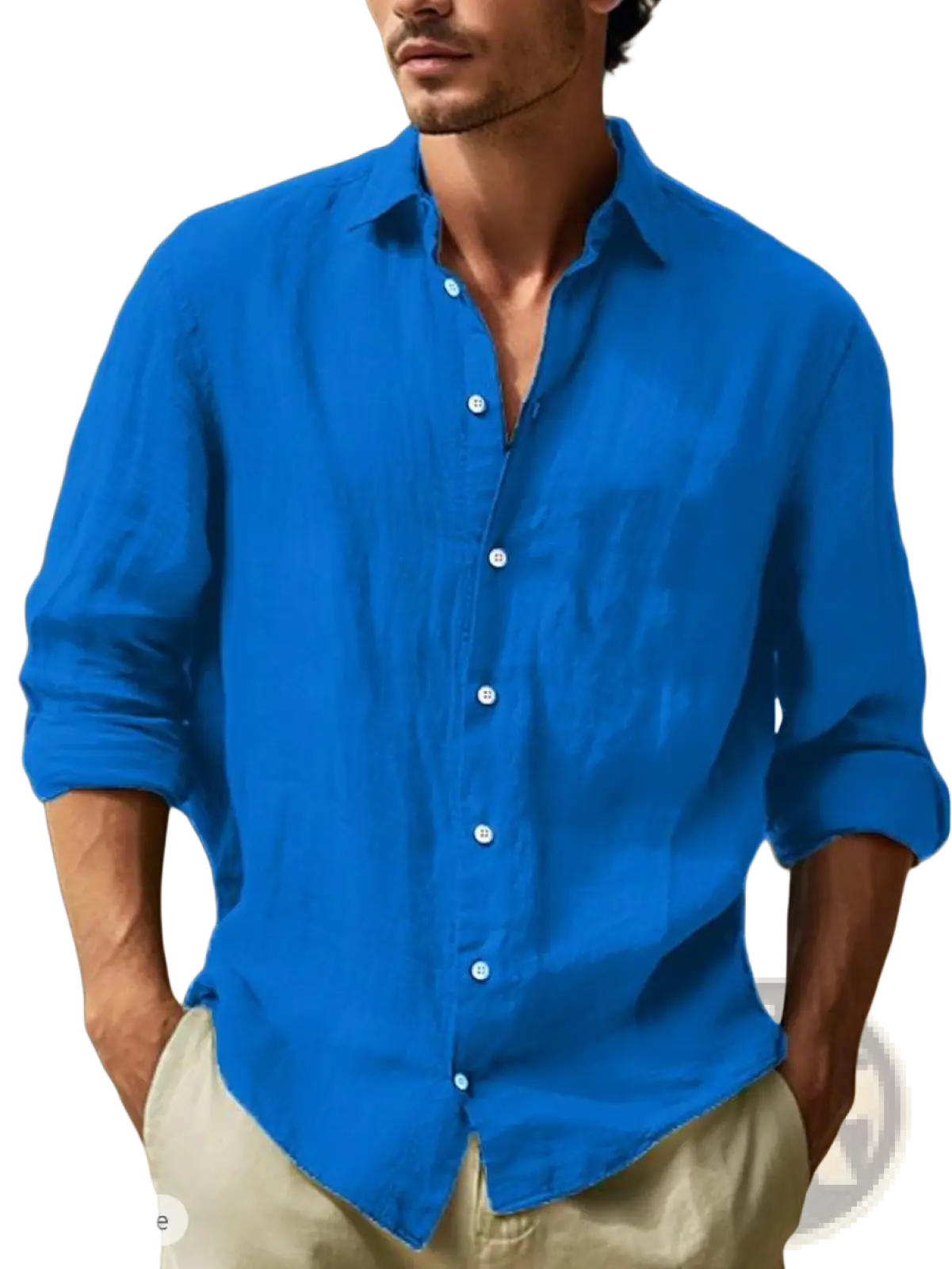 Men’s relaxed fit cotton linen long sleeve navy blue button-down shirt with rolled sleeves and white buttons