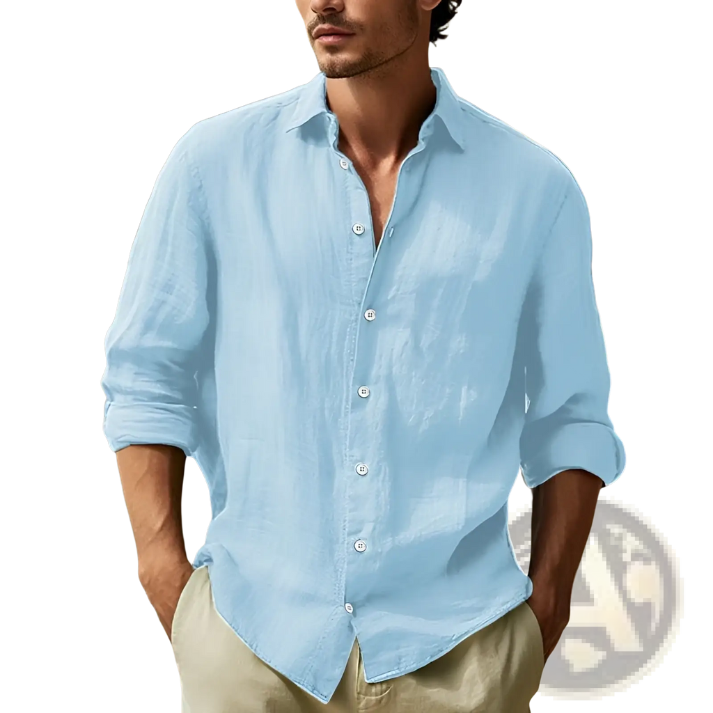 Men’s relaxed fit light blue cotton linen button-down shirt with long sleeves rolled up for casual comfort