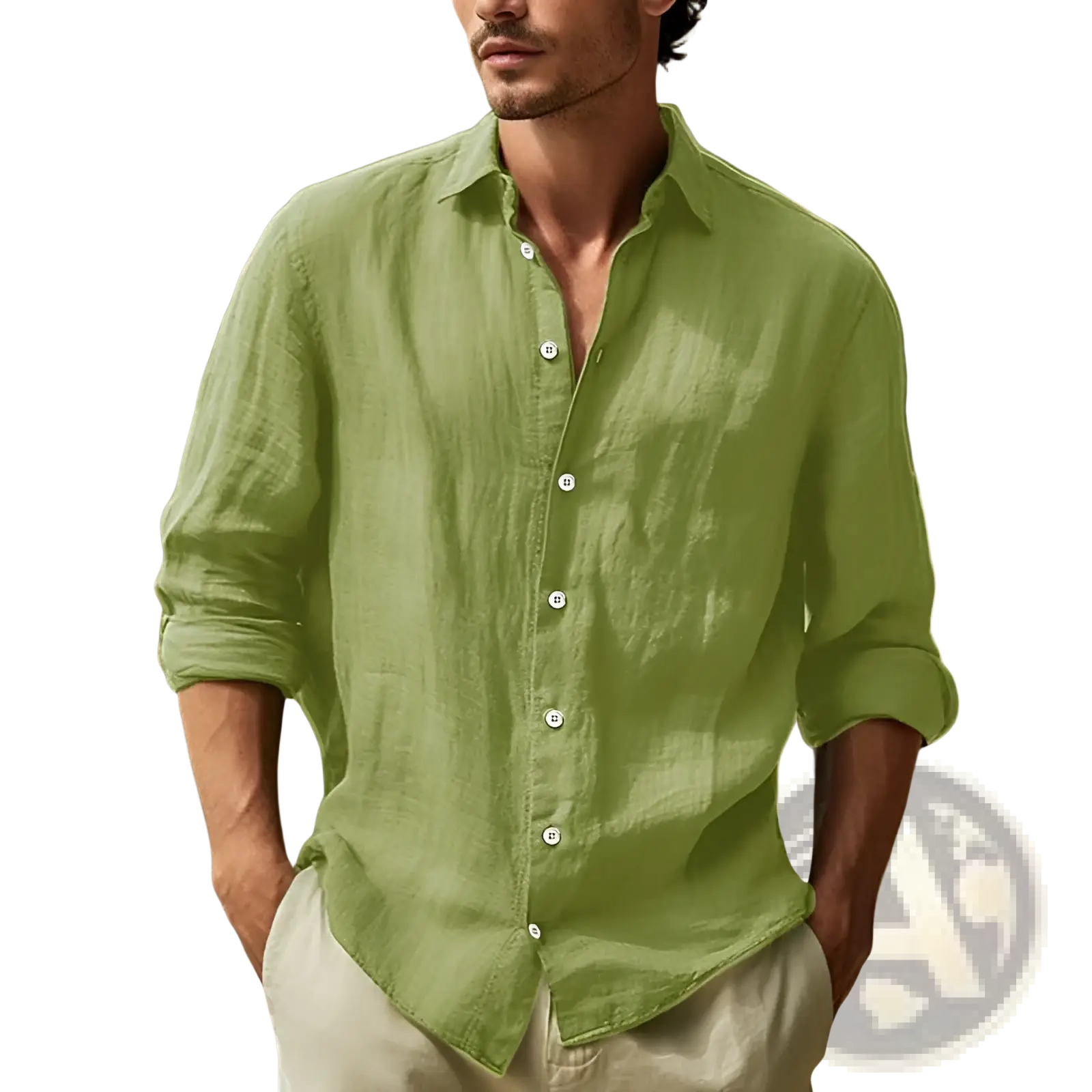 Men’s relaxed fit cotton linen long sleeve shirt in light green with button-up front and rolled cuffs