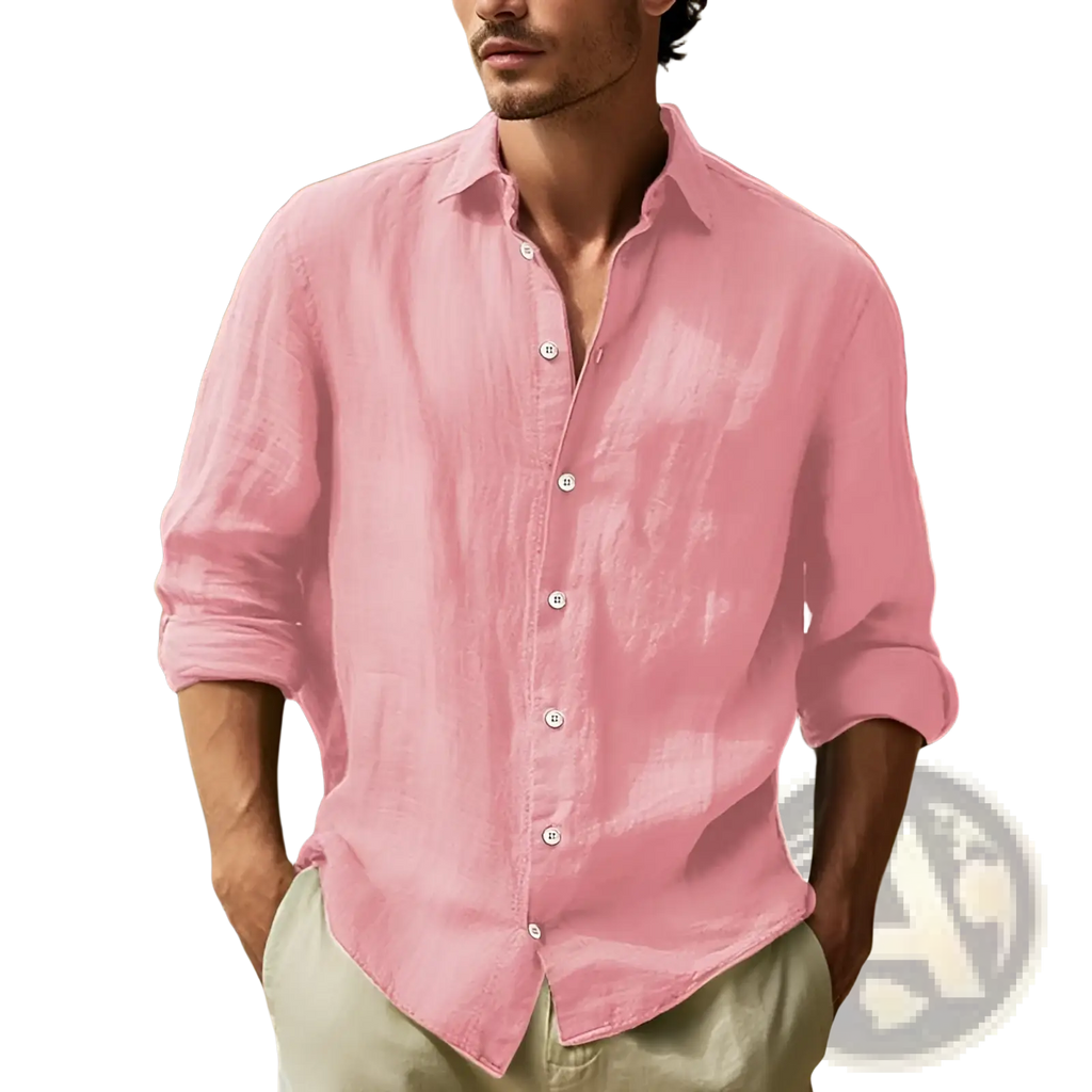 Men’s relaxed fit cotton linen long sleeve shirt in light pink with button-down front and rolled-up cuffs