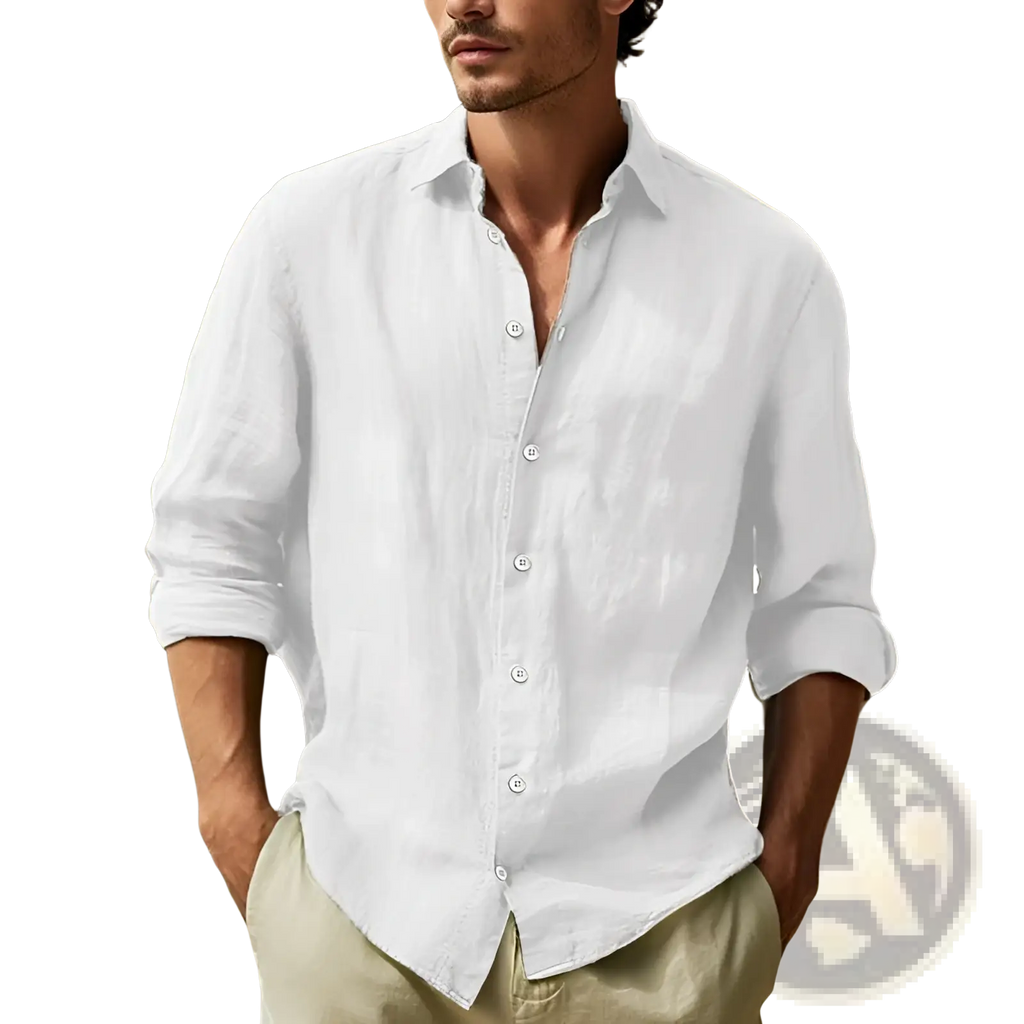Men’s white relaxed fit cotton linen long sleeve button-down shirt with rolled-up sleeves and classic collar