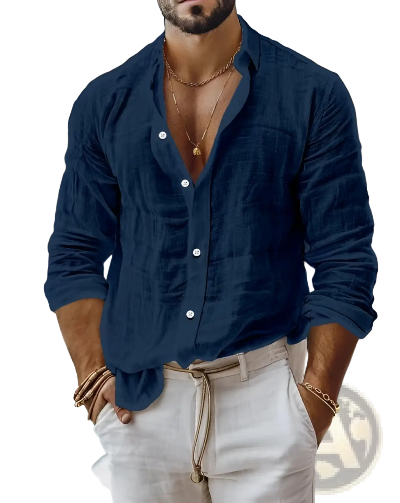 Men’s relaxed fit navy blue cotton linen long sleeve button-down shirt with white buttons and textured fabric