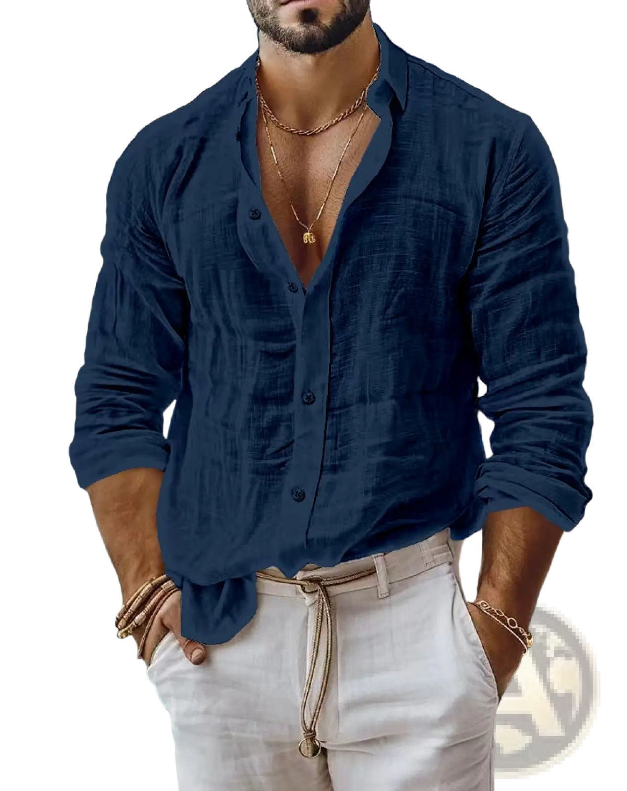 Men’s relaxed fit navy blue cotton linen button-down shirt with rolled sleeves featuring a textured fabric