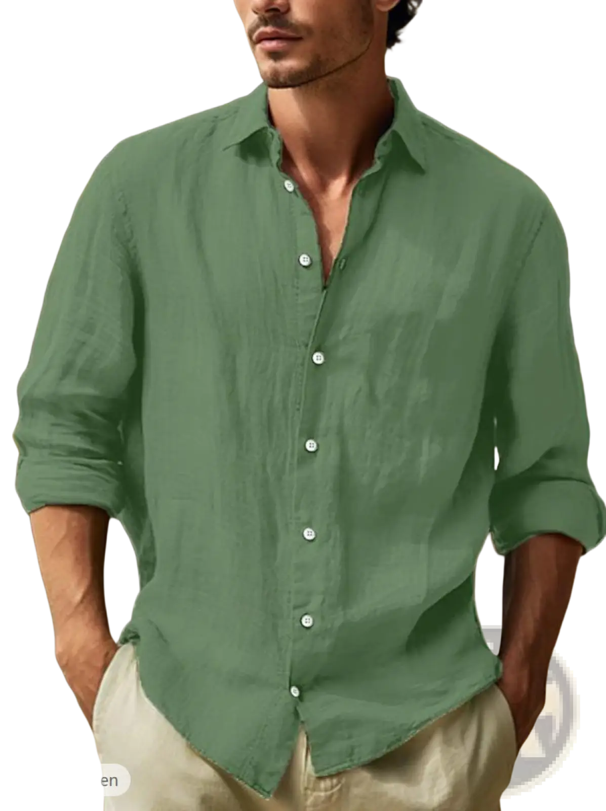Men’s relaxed fit cotton linen long sleeve shirt in dark green with white buttons and rolled-up sleeves