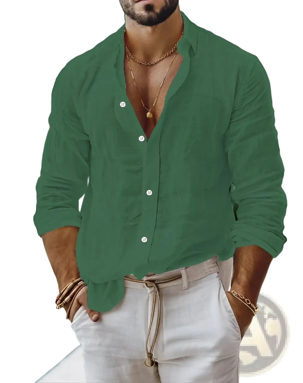 A man wearing a green men’s relaxed fit cotton linen long sleeve shirt with rolled sleeves and white buttons