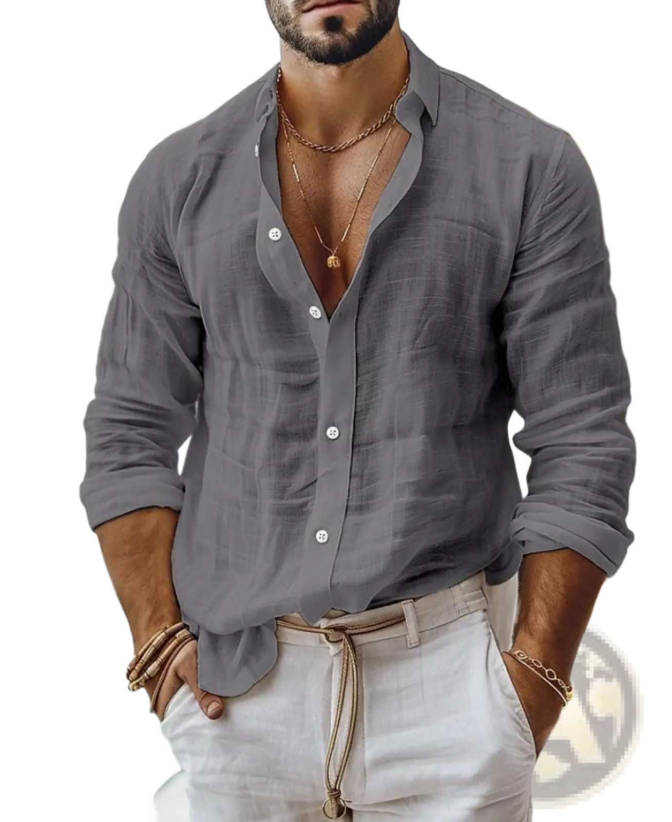 Men’s relaxed fit gray cotton linen button-down shirt with long sleeves rolled up and white buttons