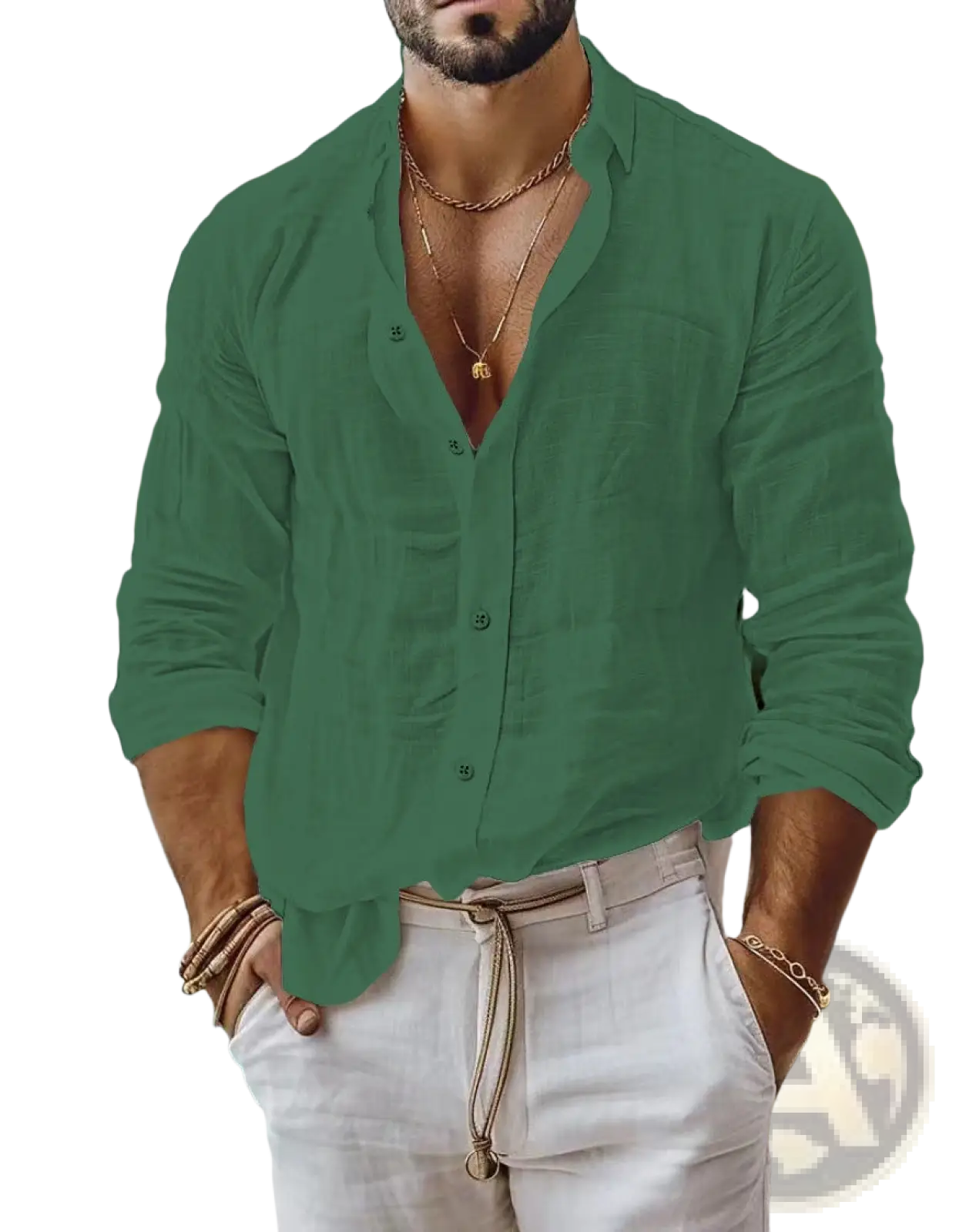 Men’s relaxed fit cotton linen long sleeve shirt in green with rolled sleeves and a relaxed fit design