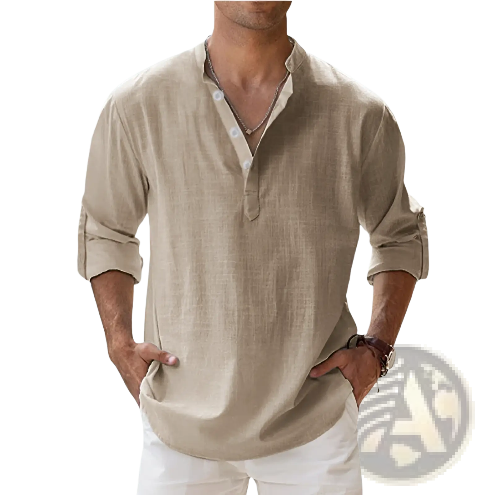 Beige linen button-down men’s relaxed fit cotton linen long sleeve shirt with rolled sleeves and subtle texture