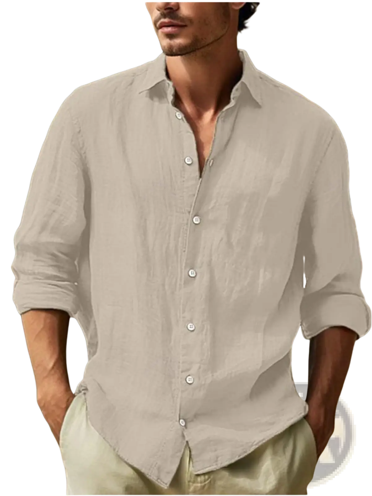 Men’s relaxed fit khaki lightweight cotton linen button-down shirt with rolled-up sleeves for casual wear