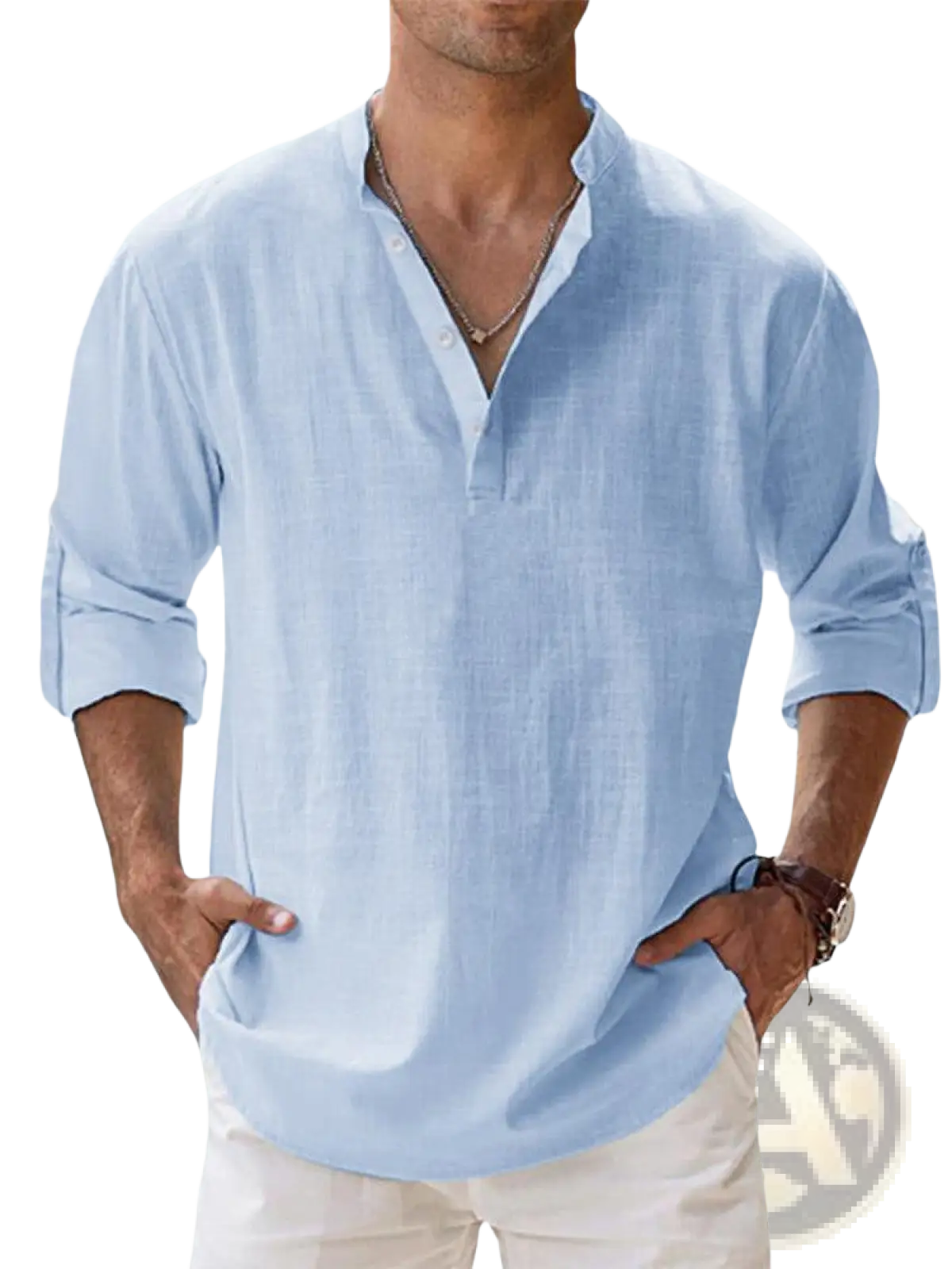 Men’s relaxed fit light blue cotton linen long sleeve shirt with breathable fabric and rolled-up sleeves v-neck collar