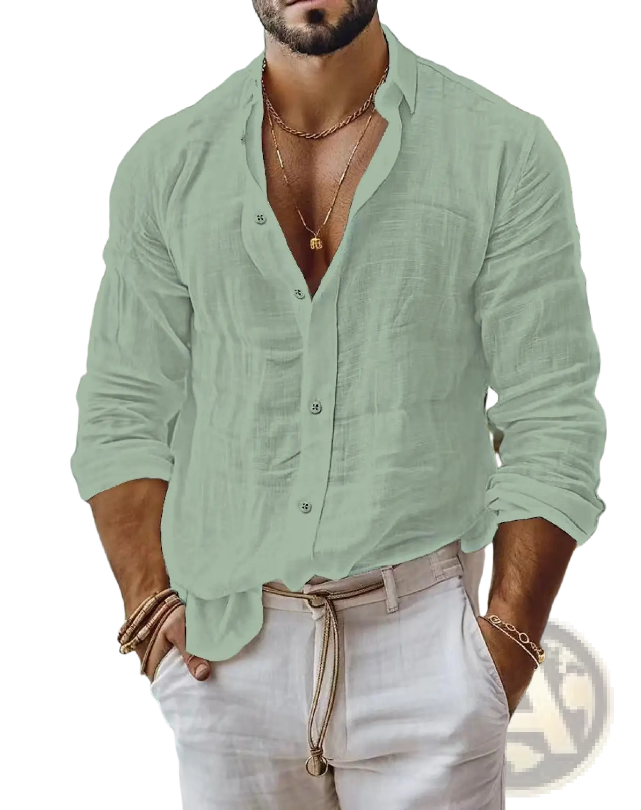 Men’s relaxed fit cotton linen long sleeve shirt in light green with subtle texture and button-up front