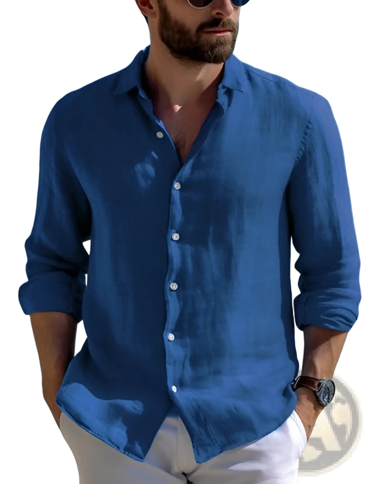 Men’s relaxed fit cotton linen long sleeve blue shirt with button-down front and rolled-up sleeves