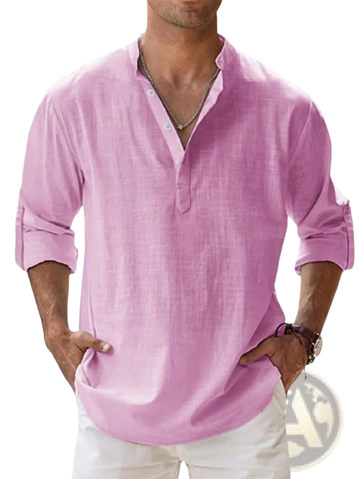 A light pink men’s relaxed fit long sleeve shirt made of cotton linen with a button-down front and rolled-up cuffs