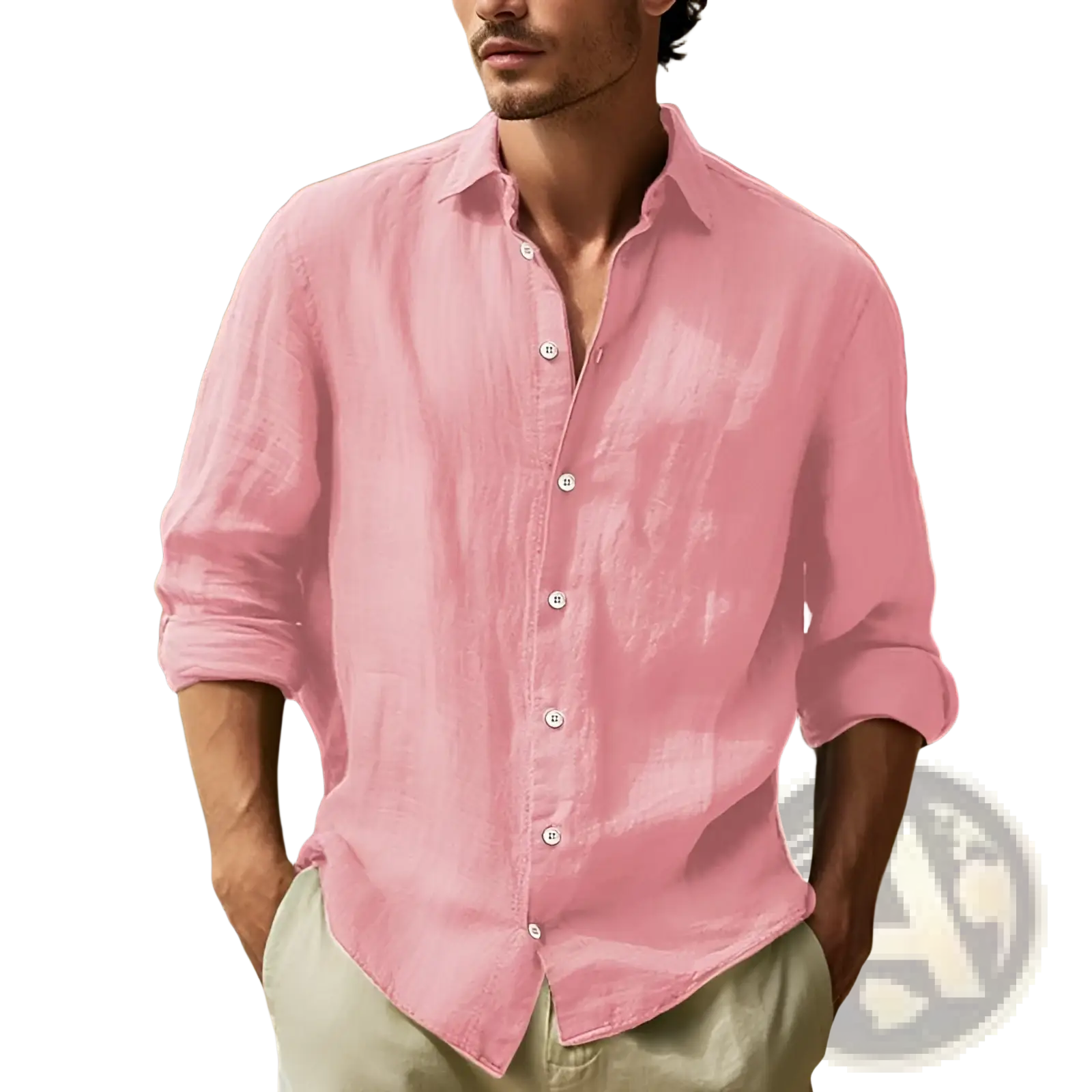 Men’s relaxed fit cotton linen long sleeve shirt in light pink with button-down front and rolled-up cuffs