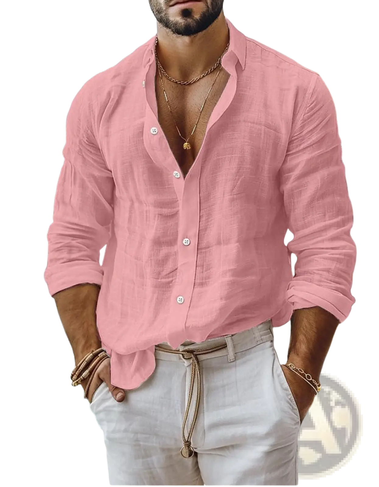Men’s relaxed fit long sleeve cotton linen shirt in soft pink with lightweight fabric and rolled cuffs