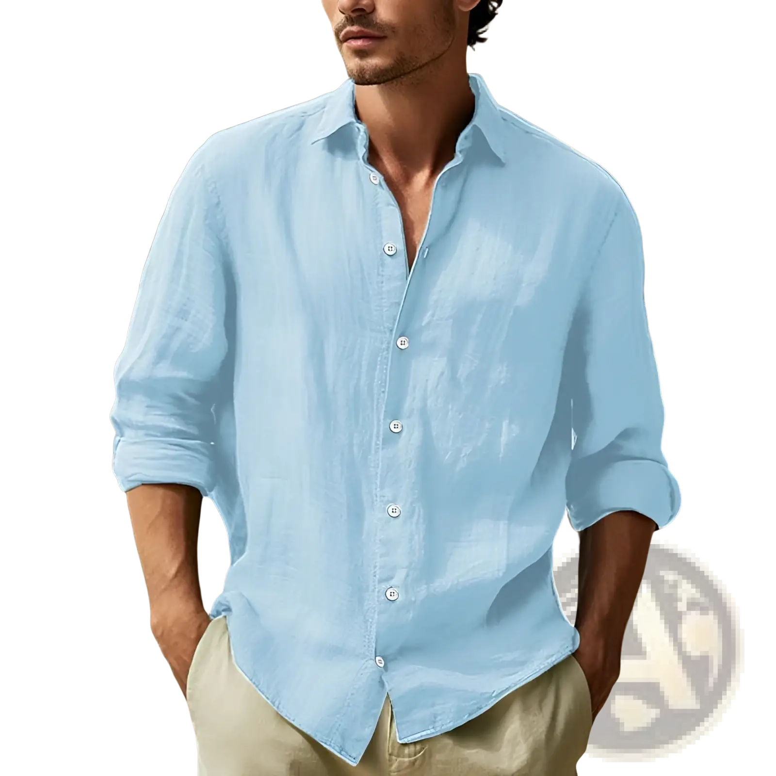 Men’s relaxed fit long sleeve light blue cotton linen shirt with button-down front and rolled-up sleeves
