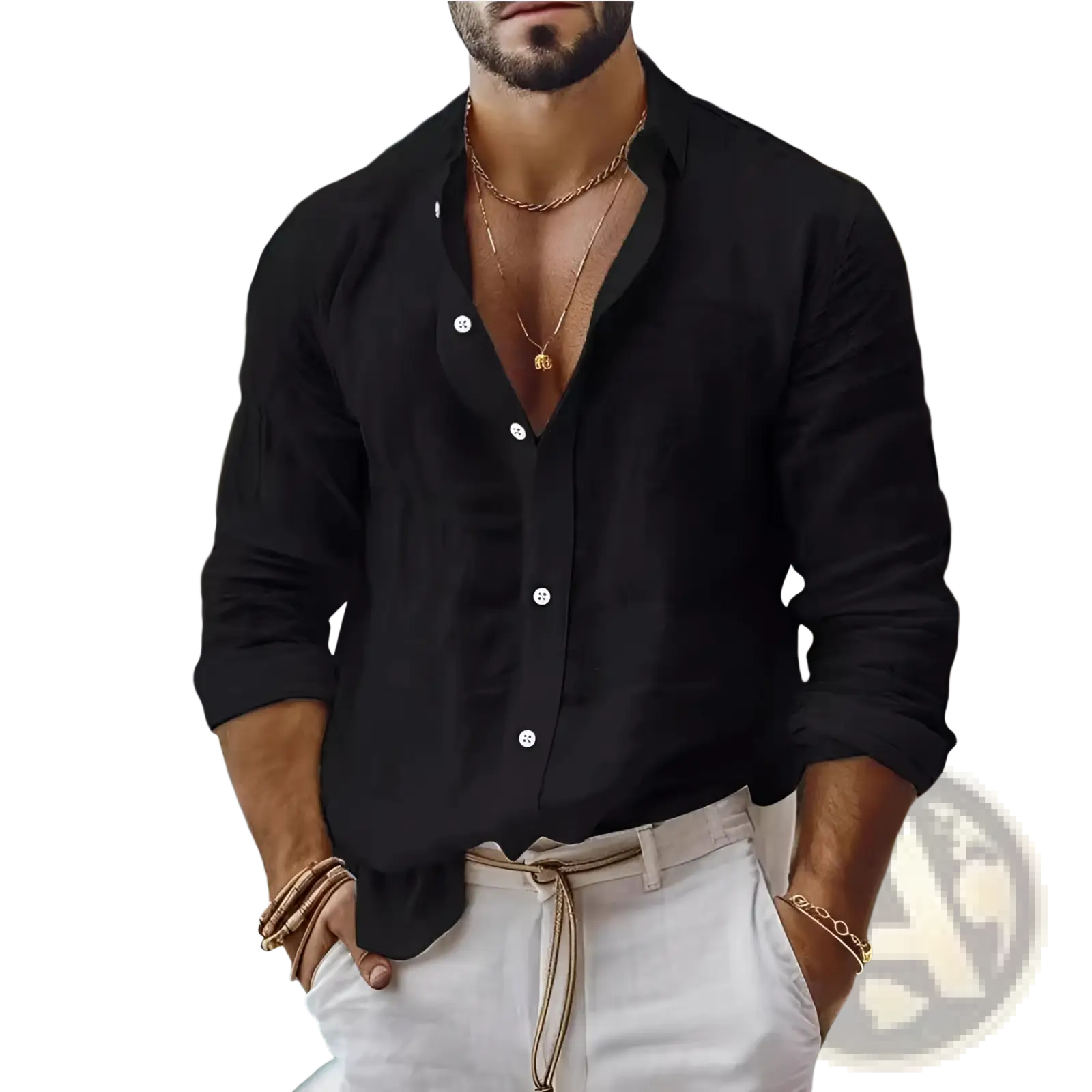 Black relaxed fit cotton linen long sleeve shirt with rolled sleeves for men in casual style