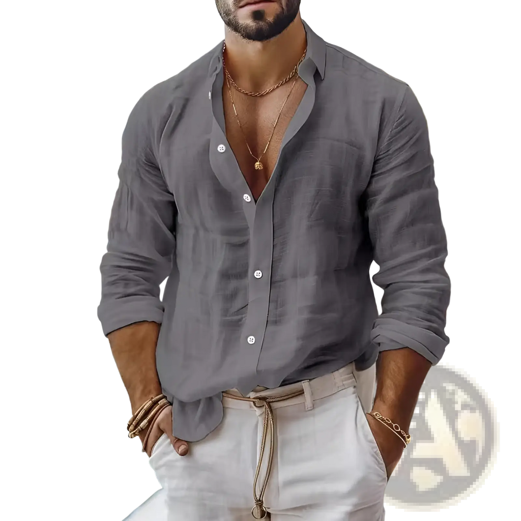 Men’s relaxed fit gray cotton linen long sleeve button-down shirt with white buttons and rolled-up sleeves