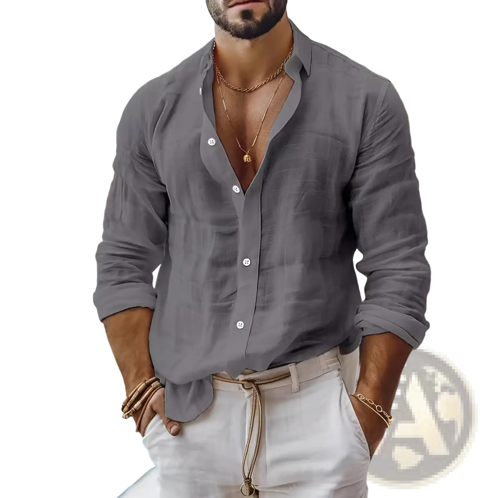 Men’s relaxed fit gray cotton linen long sleeve button-down shirt with white buttons and rolled-up sleeves