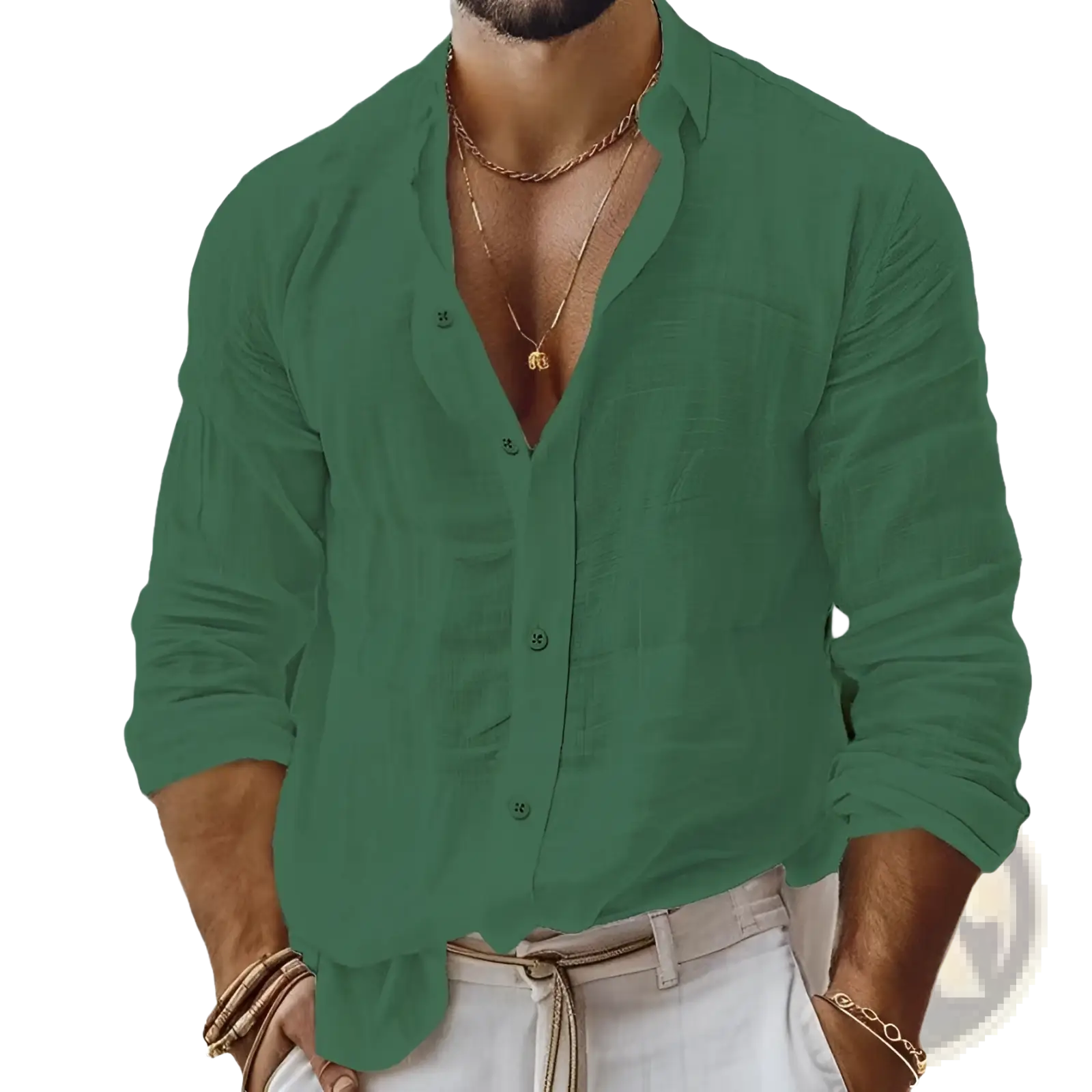 A man wearing a green relaxed fit cotton linen long sleeve shirt with rolled cuffs and subtle texture