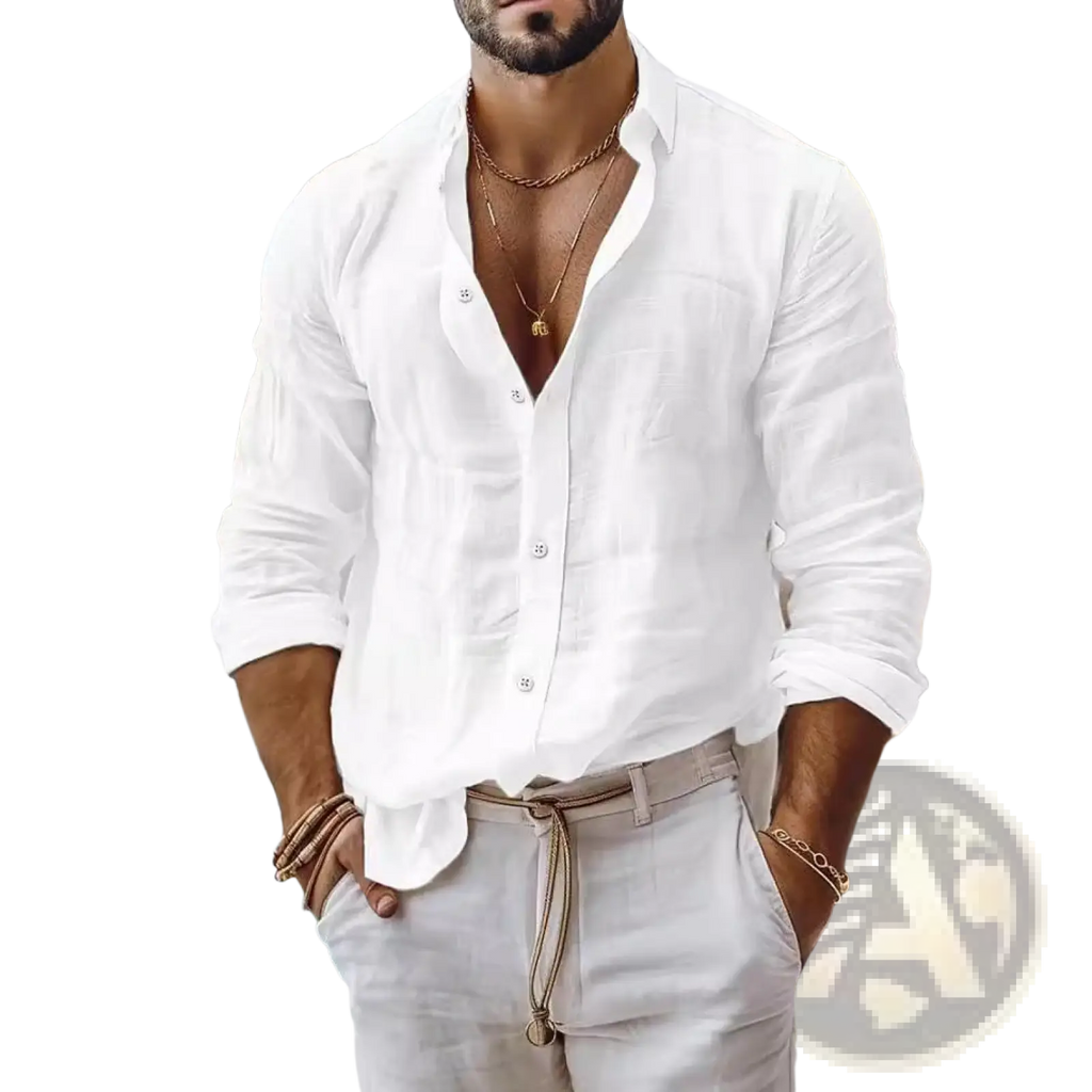 White linen button-down shirt with rolled sleeves and relaxed fit made of cotton linen for men