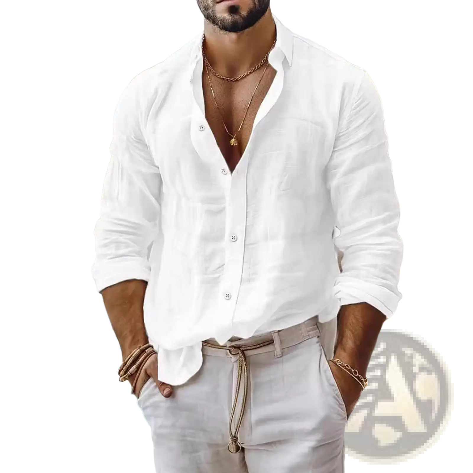 White linen button-down shirt with rolled sleeves and relaxed fit made of cotton linen for men