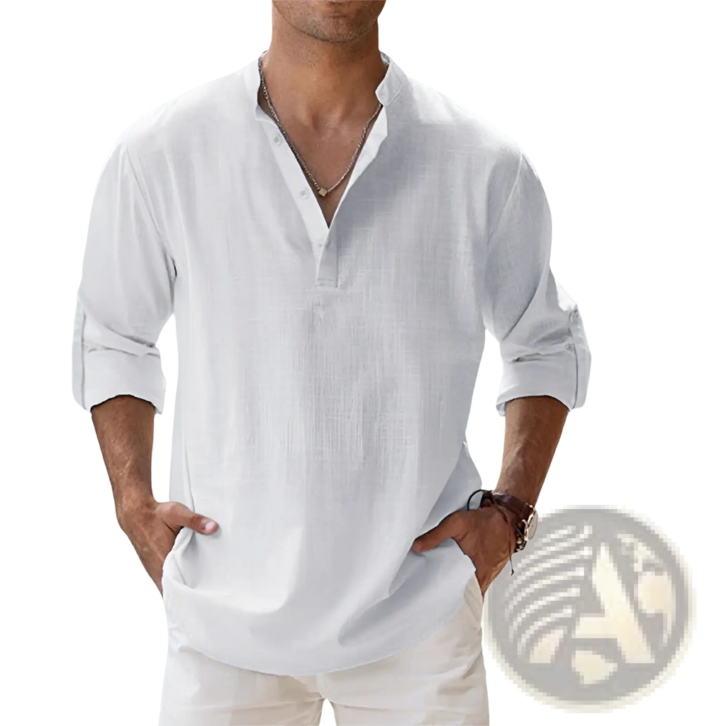 Men’s relaxed fit white cotton linen long sleeve button-down shirt with rolled-up sleeves and v-neck collar