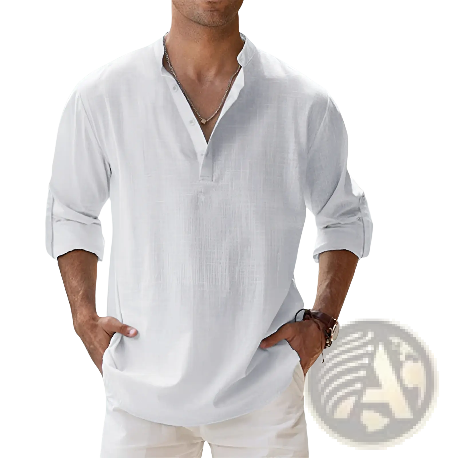 Men’s relaxed fit white cotton linen long sleeve button-down shirt with rolled-up sleeves and v-neck collar