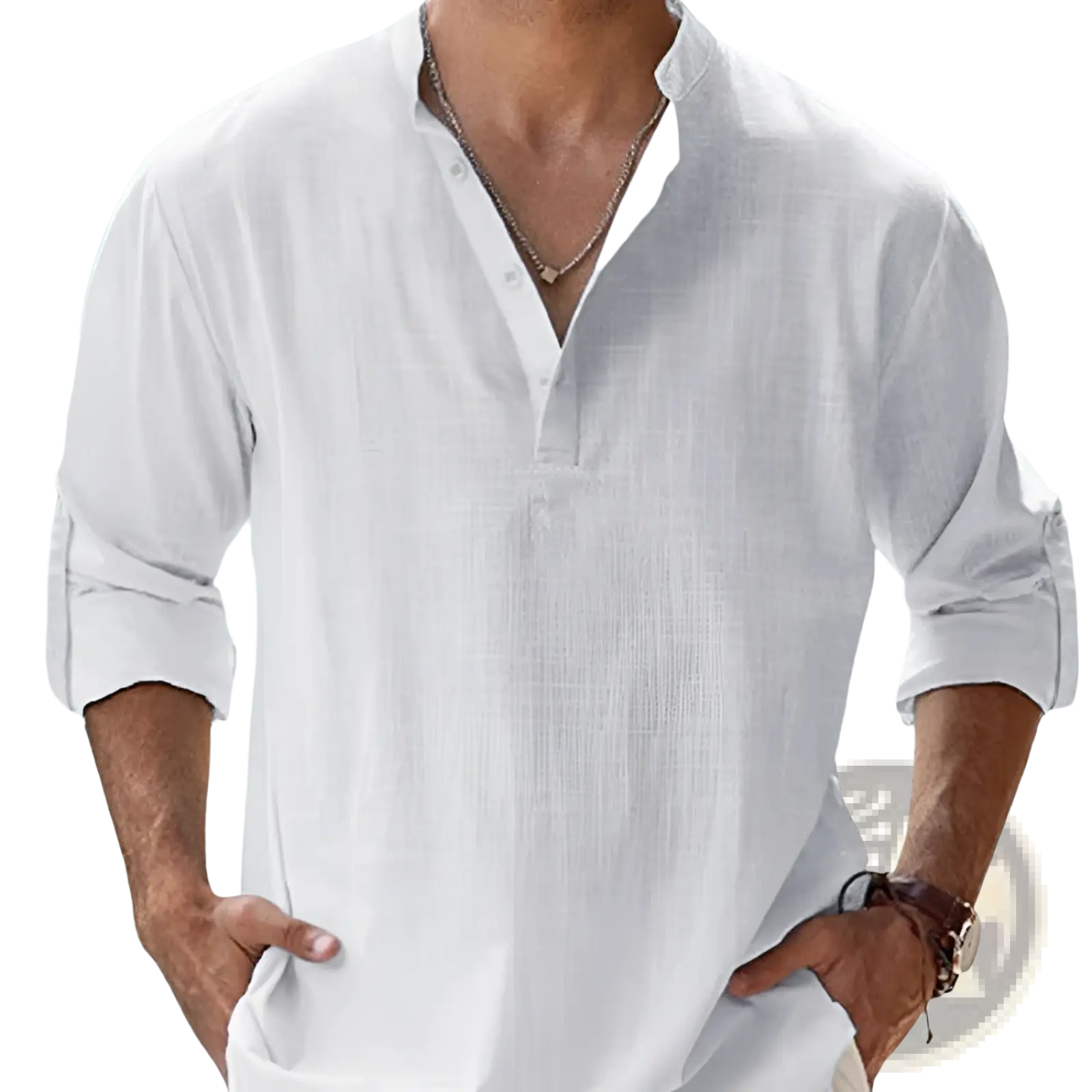 Men’s relaxed fit white cotton linen button-down shirt with collar and rolled-up long sleeves