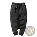 Men’s relaxed fit black denim joggers with elastic waistband, drawstring, and subtle side seam branding
