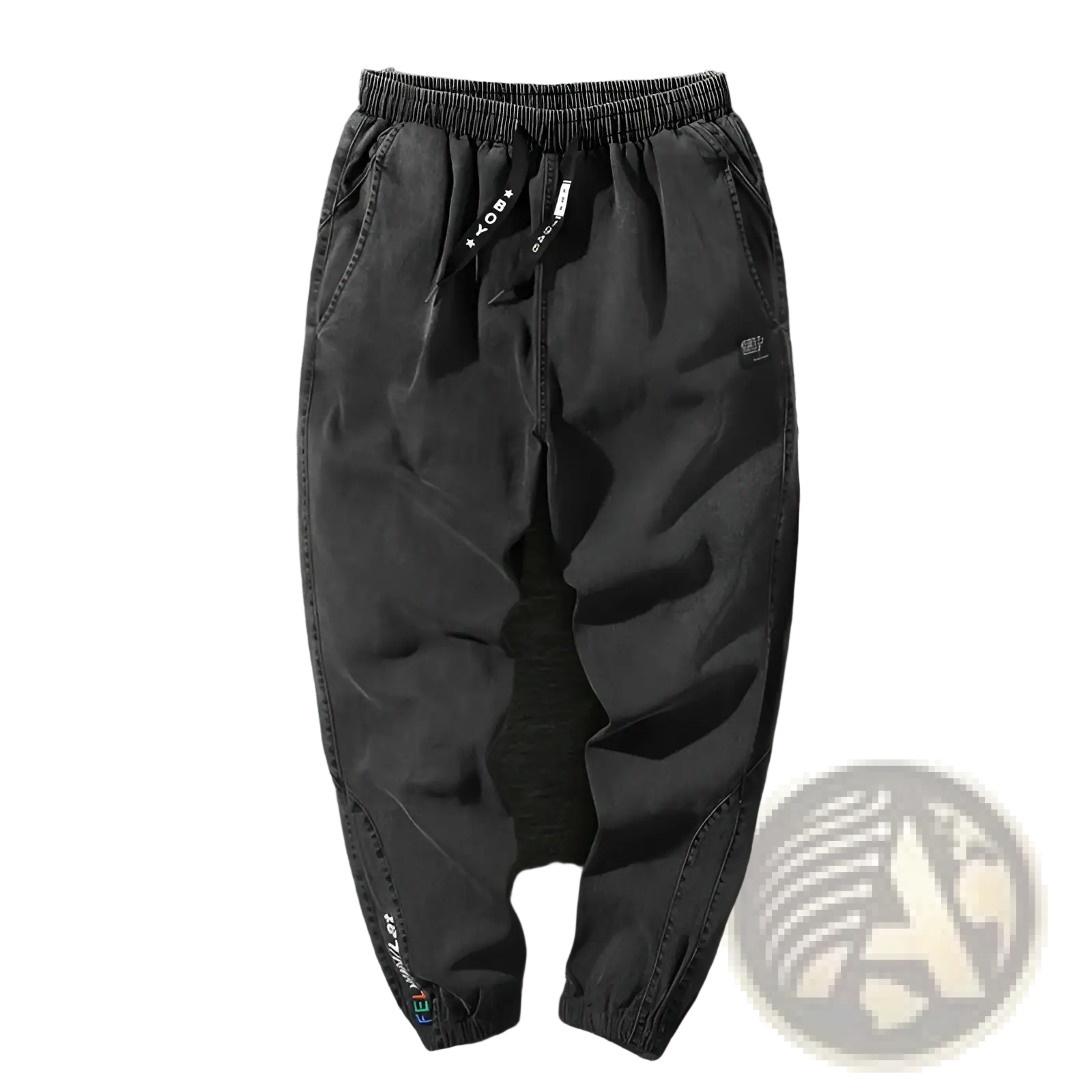 Men’s relaxed fit black denim joggers with elastic waistband, drawstring, and subtle side seam branding