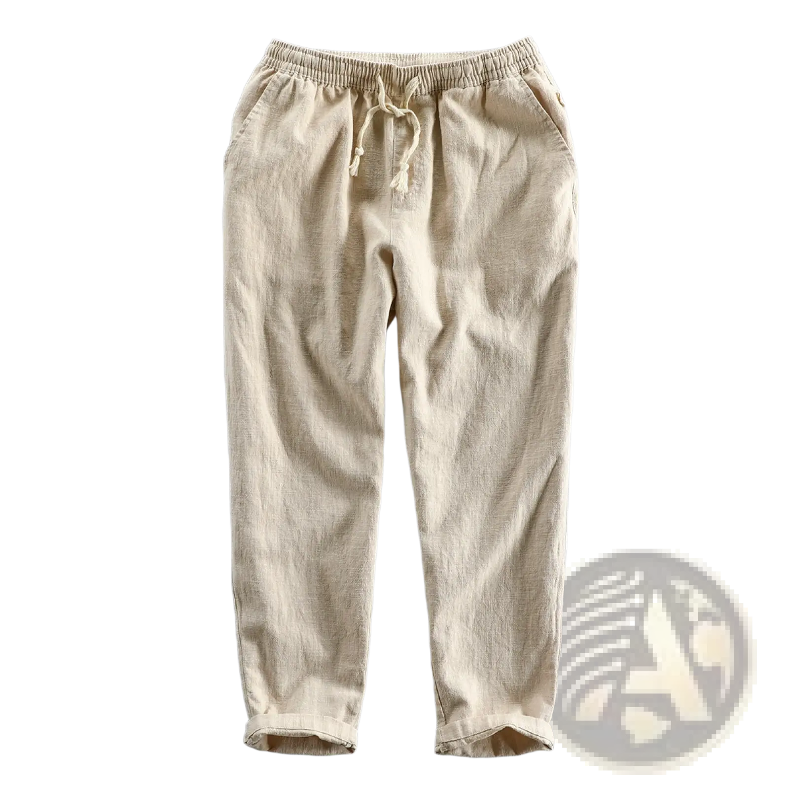 Beige linen men’s joggers with elastic waistband, drawstring, relaxed fit, and rolled cuffs for casual wear