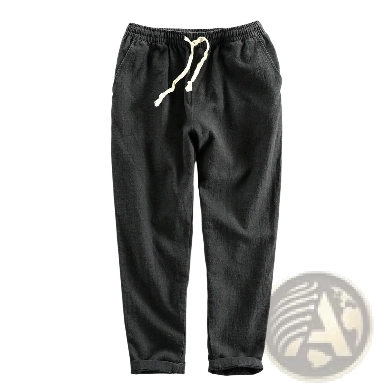 Men’s relaxed fit dark gray corduroy joggers with white drawstring waistband and rolled cuffs for casual wear