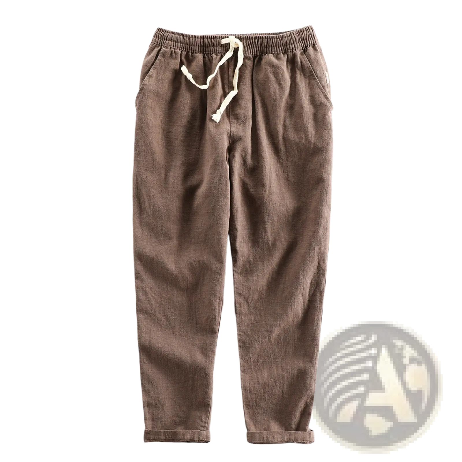 Brown linen men’s relaxed fit joggers with a drawstring waist and rolled cuffs for casual comfort