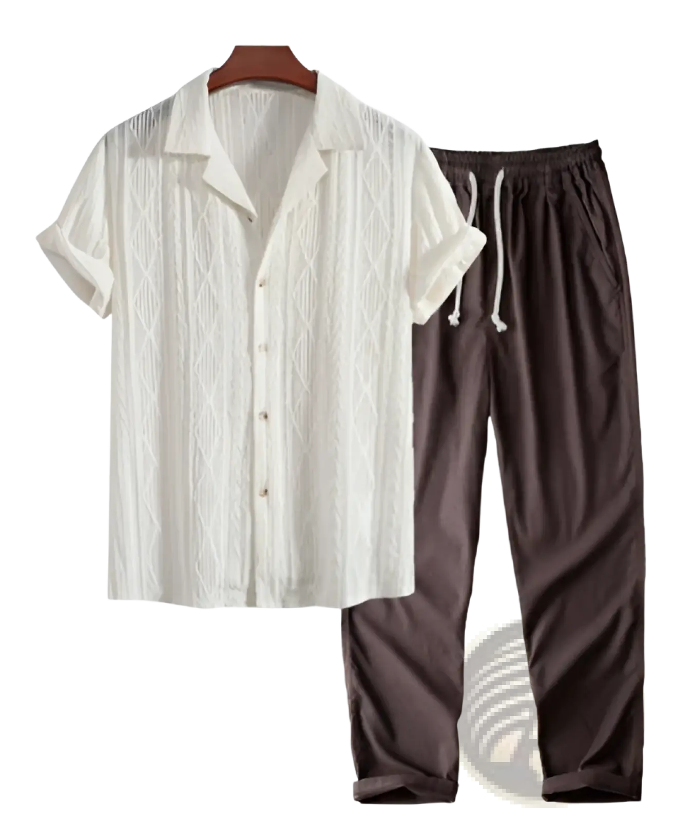 White short-sleeved button-up shirt with textured woven pattern and collar paired with men’s relaxed fit linen joggers