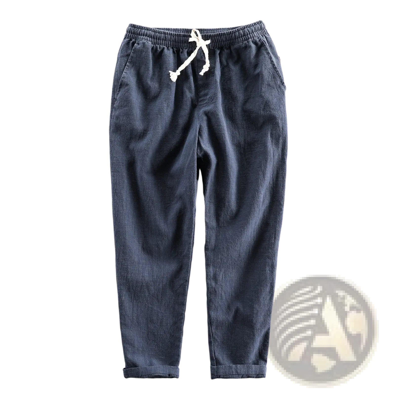 Men’s relaxed fit drawstring linen joggers in dark blue corduroy with white waistband and cuffed hems