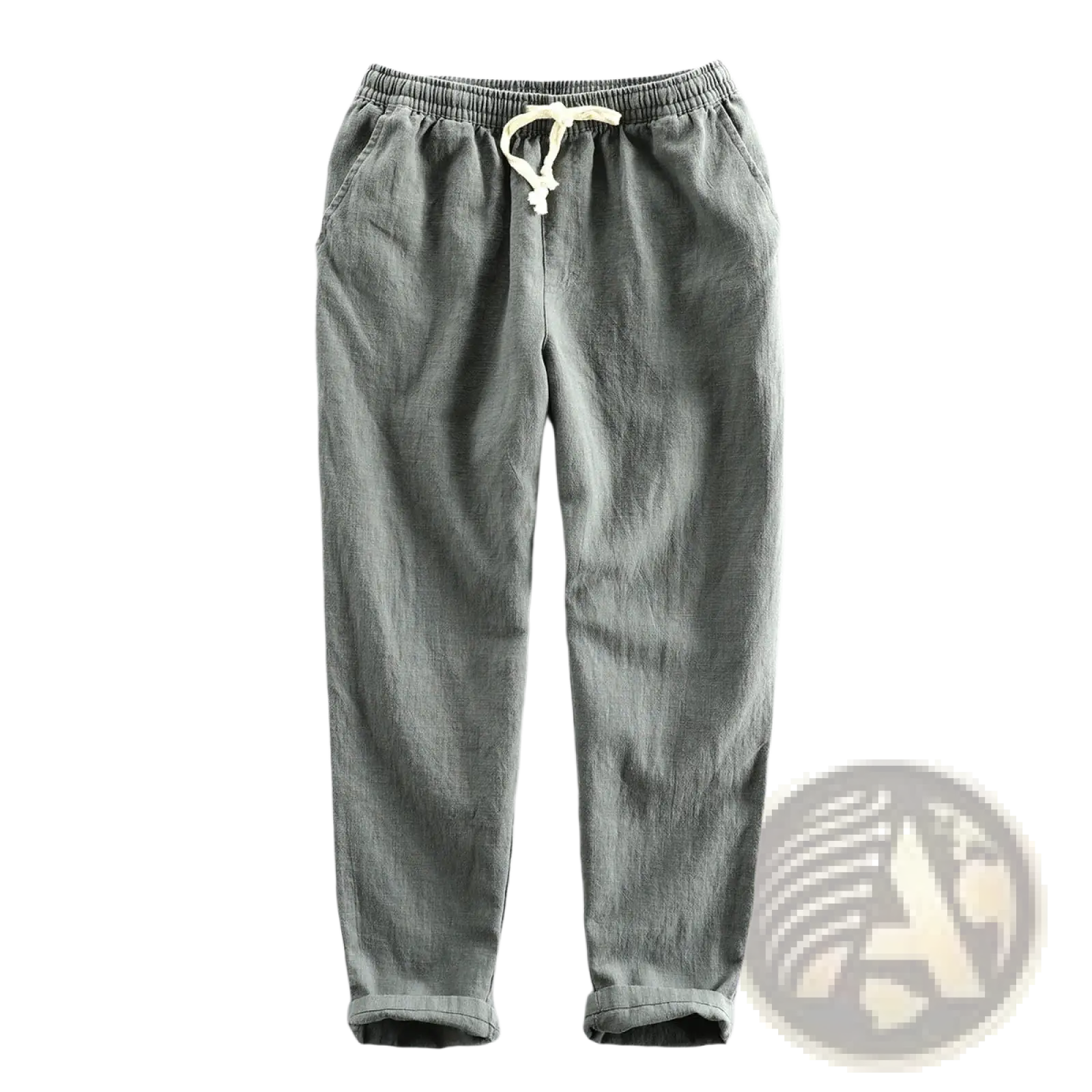 Men’s relaxed fit gray linen joggers with white drawstring waistband and rolled cuffs for casual wear