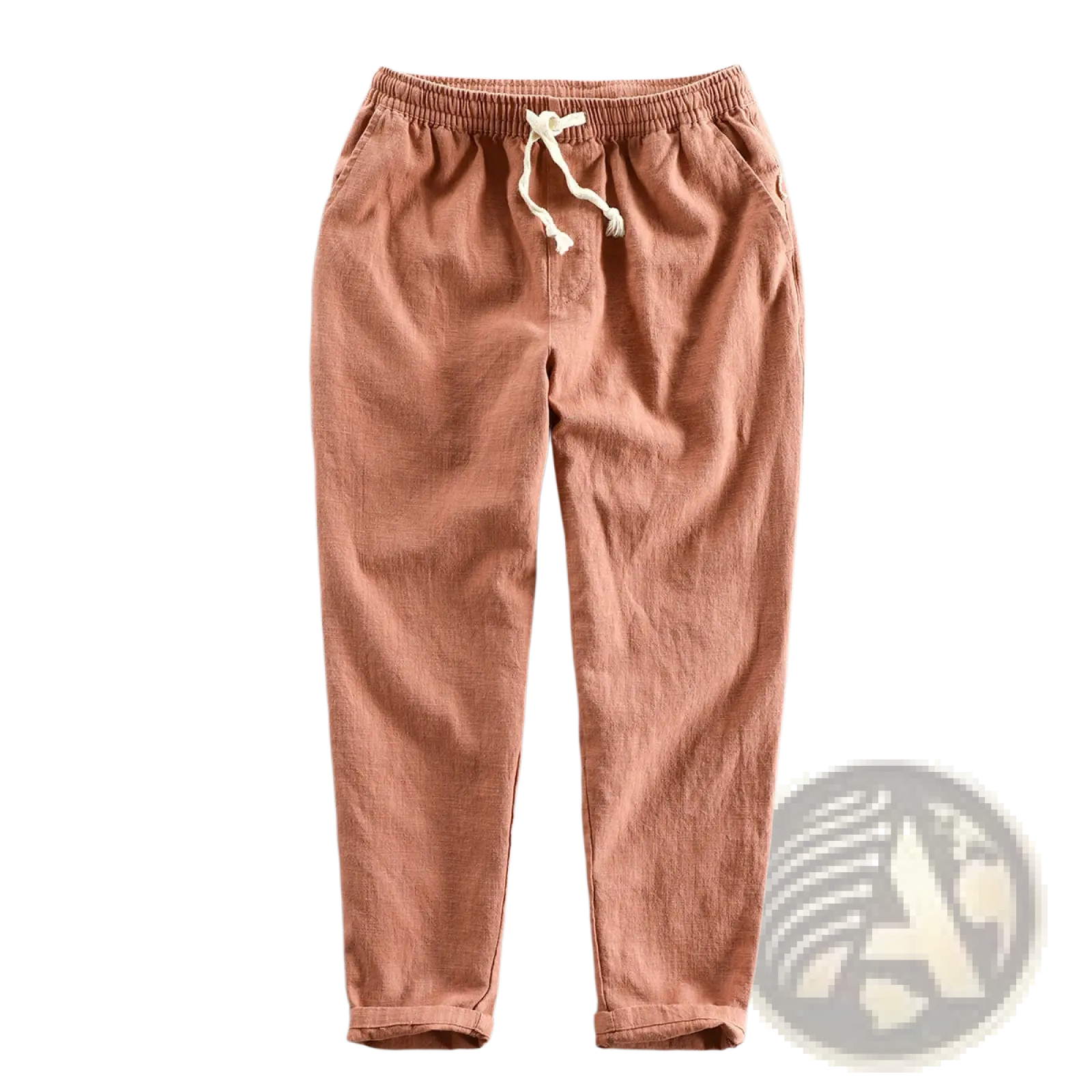 Men’s relaxed fit drawstring linen joggers in muted terracotta cotton linen with elastic waistband and cream drawstrings