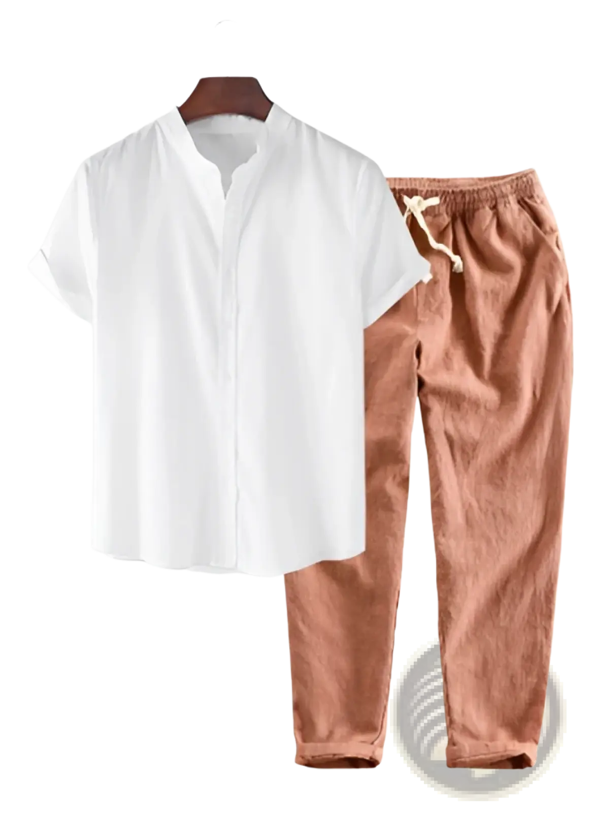 Men’s relaxed fit drawstring linen joggers in rust corduroy paired with a white short-sleeved button-up shirt