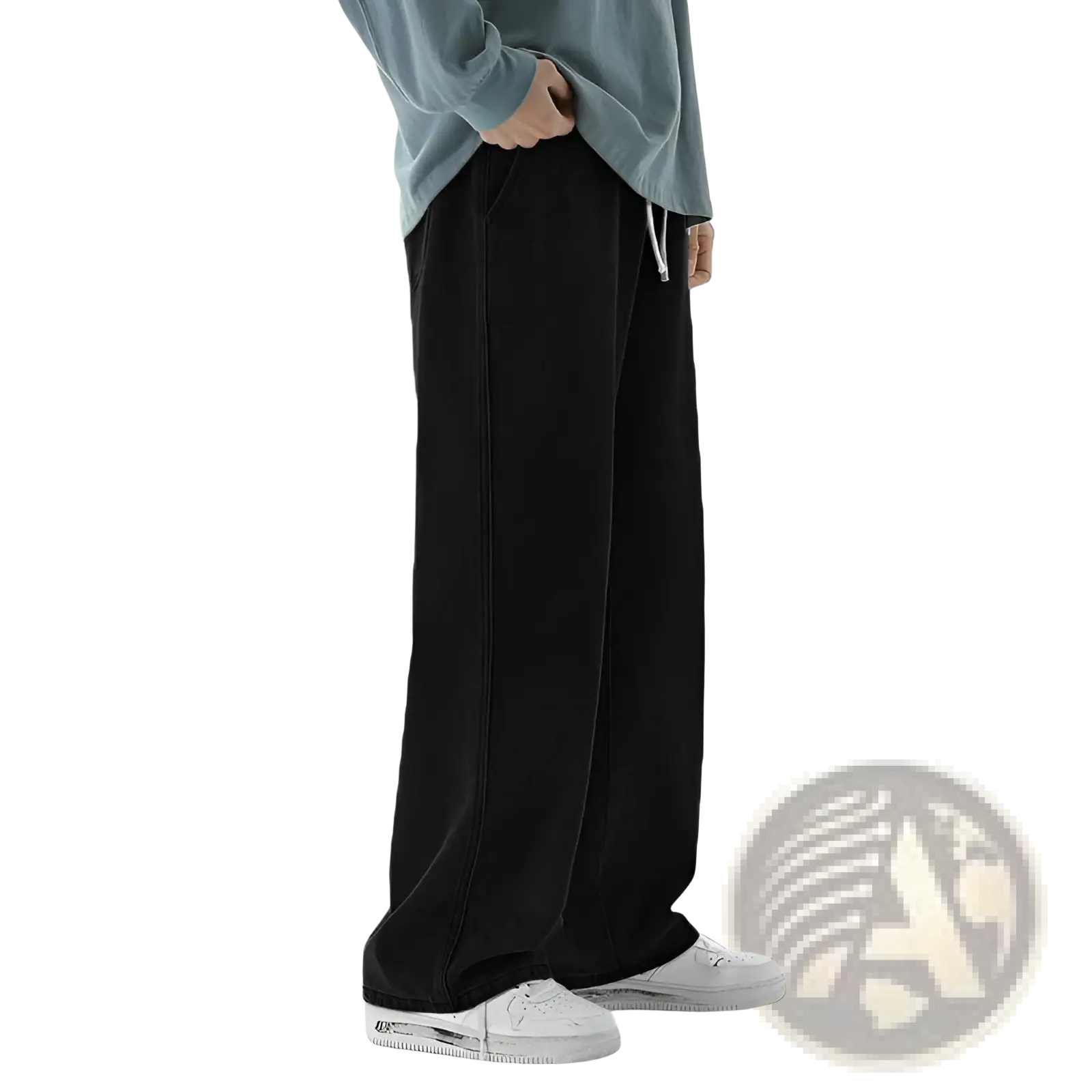 Men’s relaxed fit drawstring wide leg denim jeans in black with relaxed fit and subtle side seam stitching