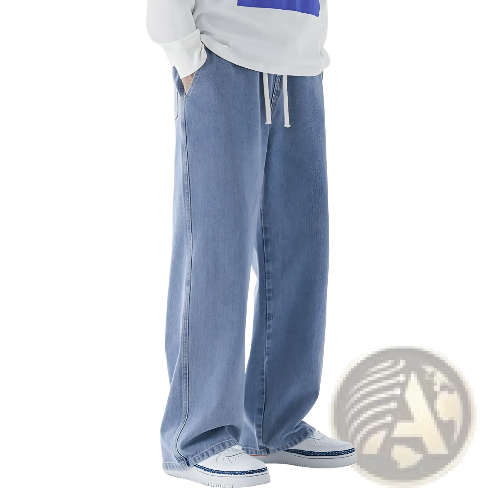 Men’s relaxed fit wide leg light-wash blue denim jeans with white drawstrings at the waist made of cotton